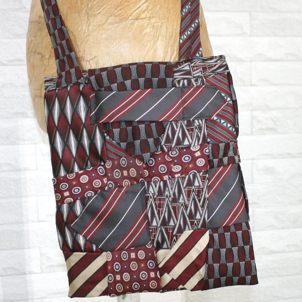 HAND CRAFTED Purse Bag Crossbody Upcycled Neck Ties Silk Red Burgundy Small